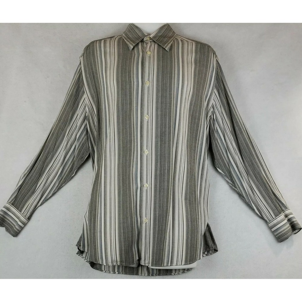 Claiborne Men XL Button-Up Shirt Gray White Striped Long Sleeve Rayon Casual